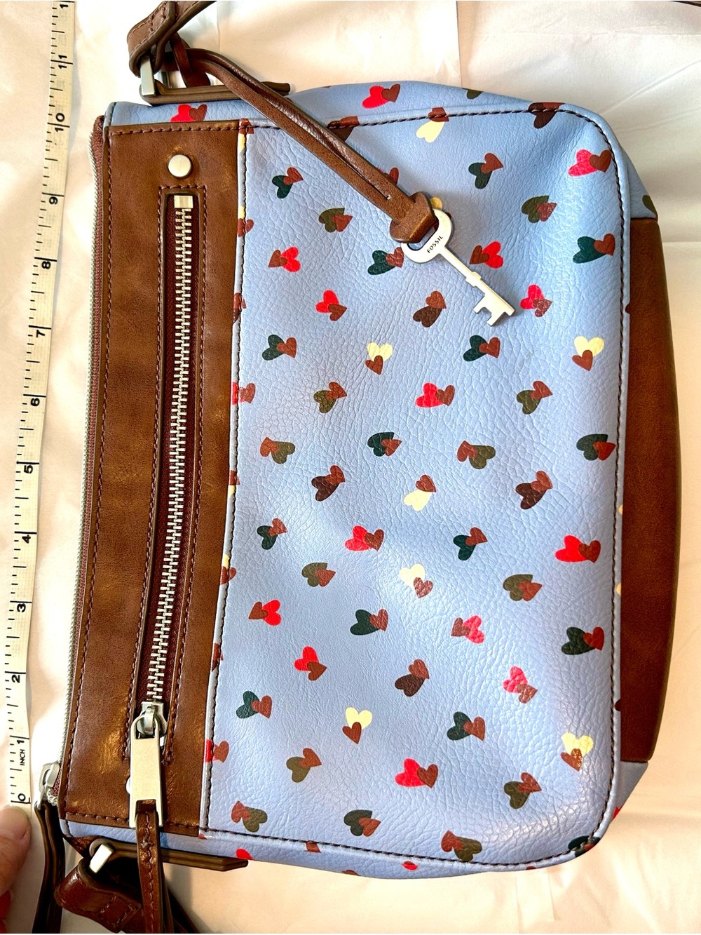 Women's Light Blue Heart-Print Shoulder Bag by Fossil